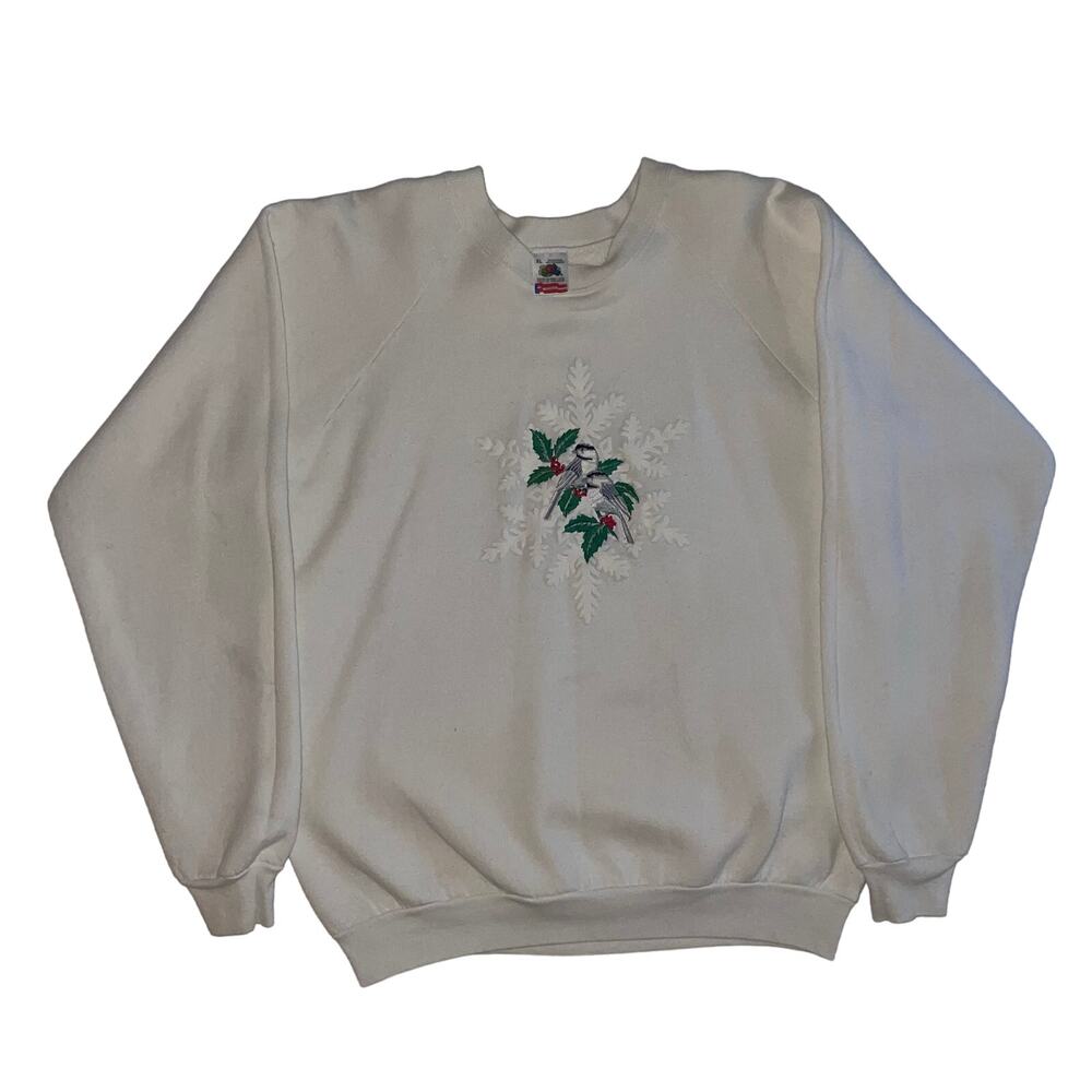 Vintage 90s Cottagecore Christmas Mistletoe Birds Snowflake Crewneck Sweatshirt